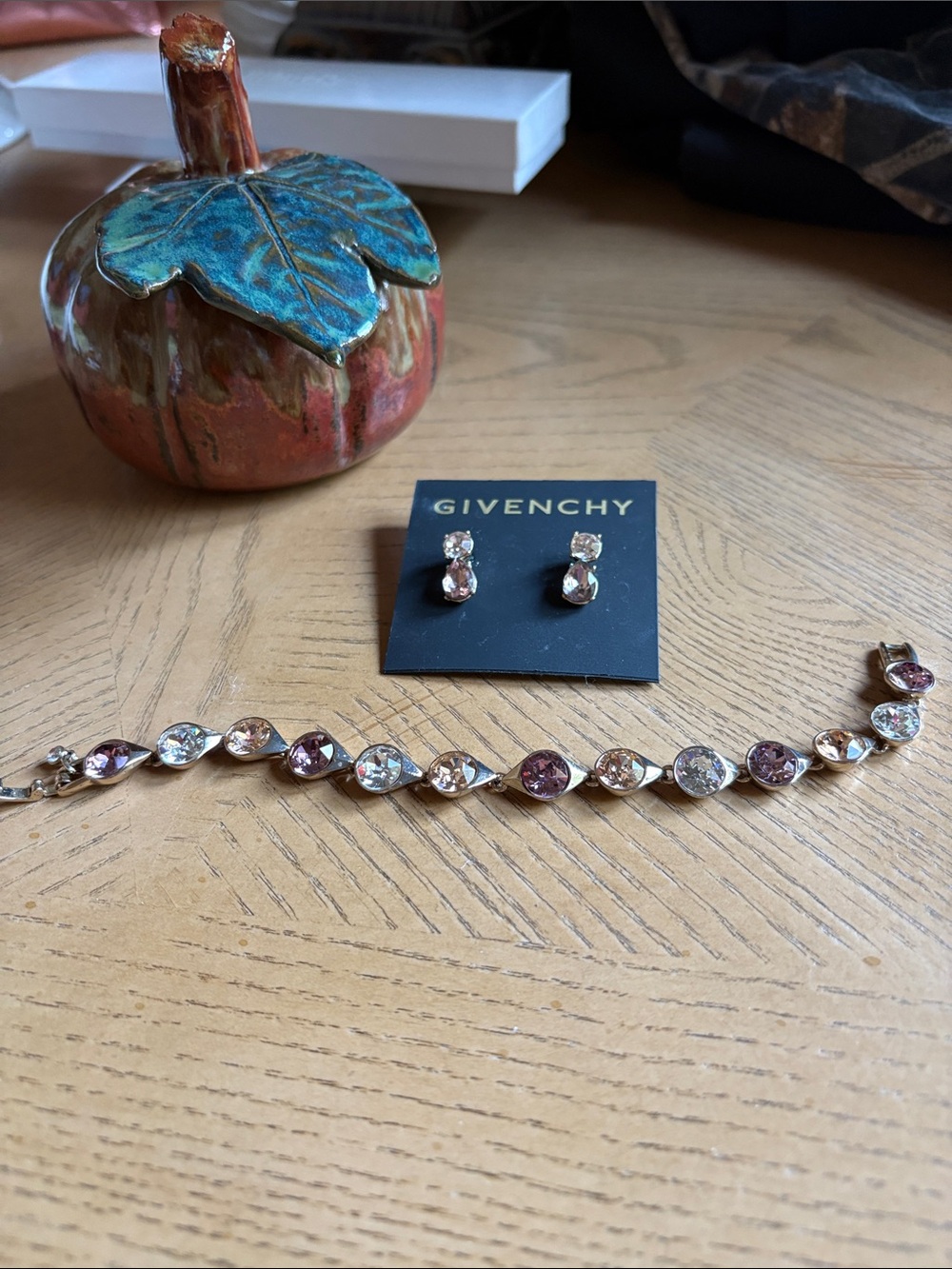 Givenchy Pink and Clear Crystal Bracelet and Stud Earrings